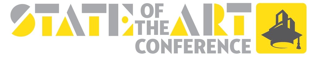 State of the Art Conference. Dark grey skyscrapers emerge from atop a graduation cap against a yellow background.